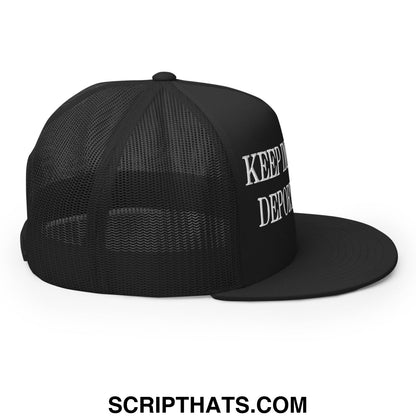 Black trucker-style snapback hat with white embroidered text keep immigrants deport racists on the side