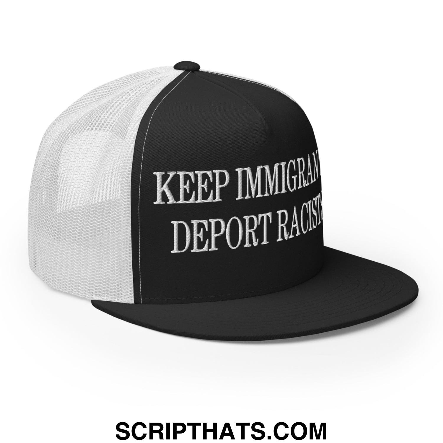 Black and white trucker hat with embroidered keep immigrant deport racist text and flat bill brim design