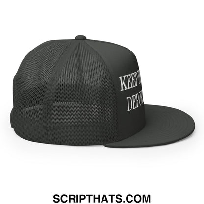Black trucker-style cap with white embroidered keep and depot text featuring flat bill brim design