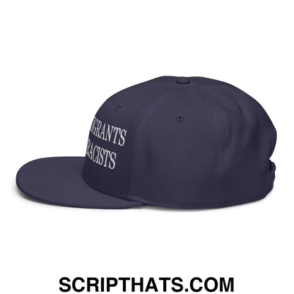 Navy blue snapback hat with white embroidered migrants racists text on the side from keep immigrants deport racists collection