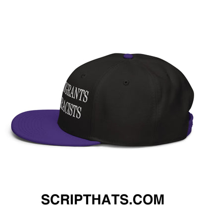 Black and purple snapback hat with white embroidered text migrants racists on flat brim side for casual wear