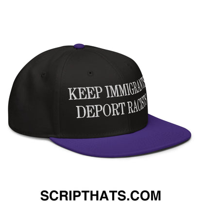 Black and purple snapback hat with white embroidered keep immigrants deport racists text and flat brim bill