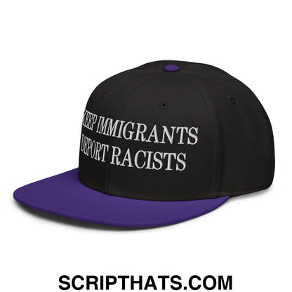 Black and purple snapback hat with white embroidered text keep immigrants deport racists flat brim bill