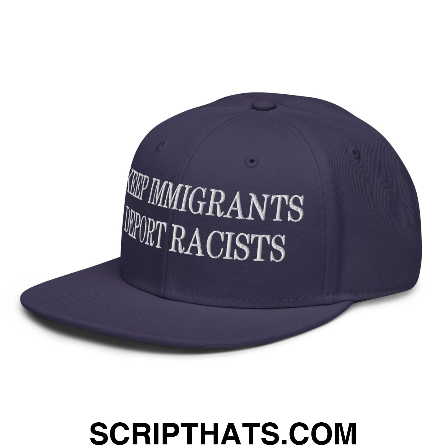Navy blue flat brim snapback hat with white embroidered text keep immigrants deport racists for casual wear
