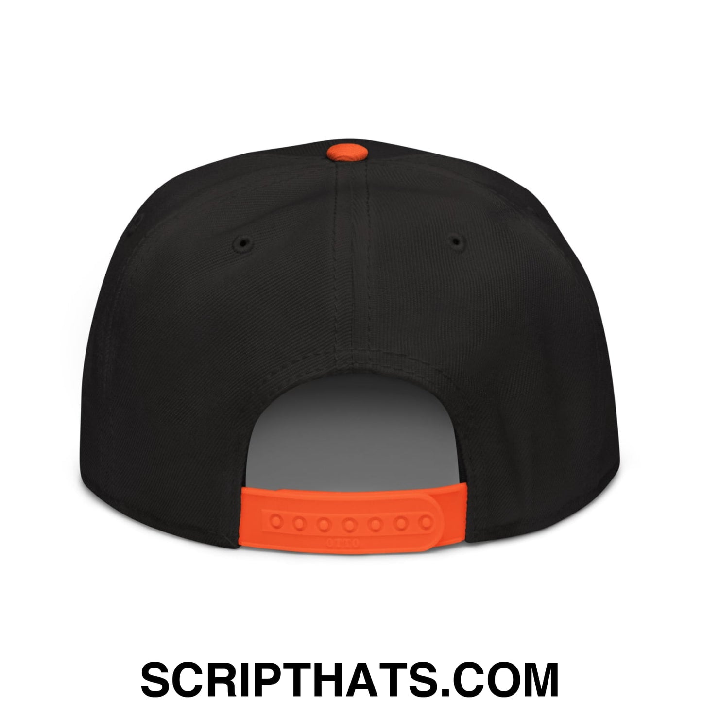 Black snapback cap with bright orange plastic visor and adjustable strap embroidered keep immigrants deport racists