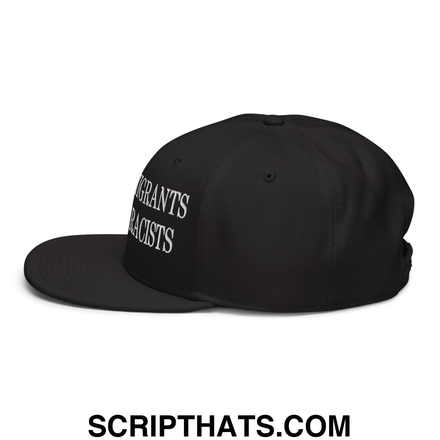 Black snapback hat with white embroidered migrants not racists text and flat brim for casual wear
