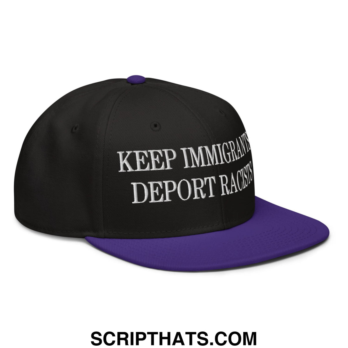 Black and purple snapback hat with white embroidered keep immigrants deport racists text and flat brim bill