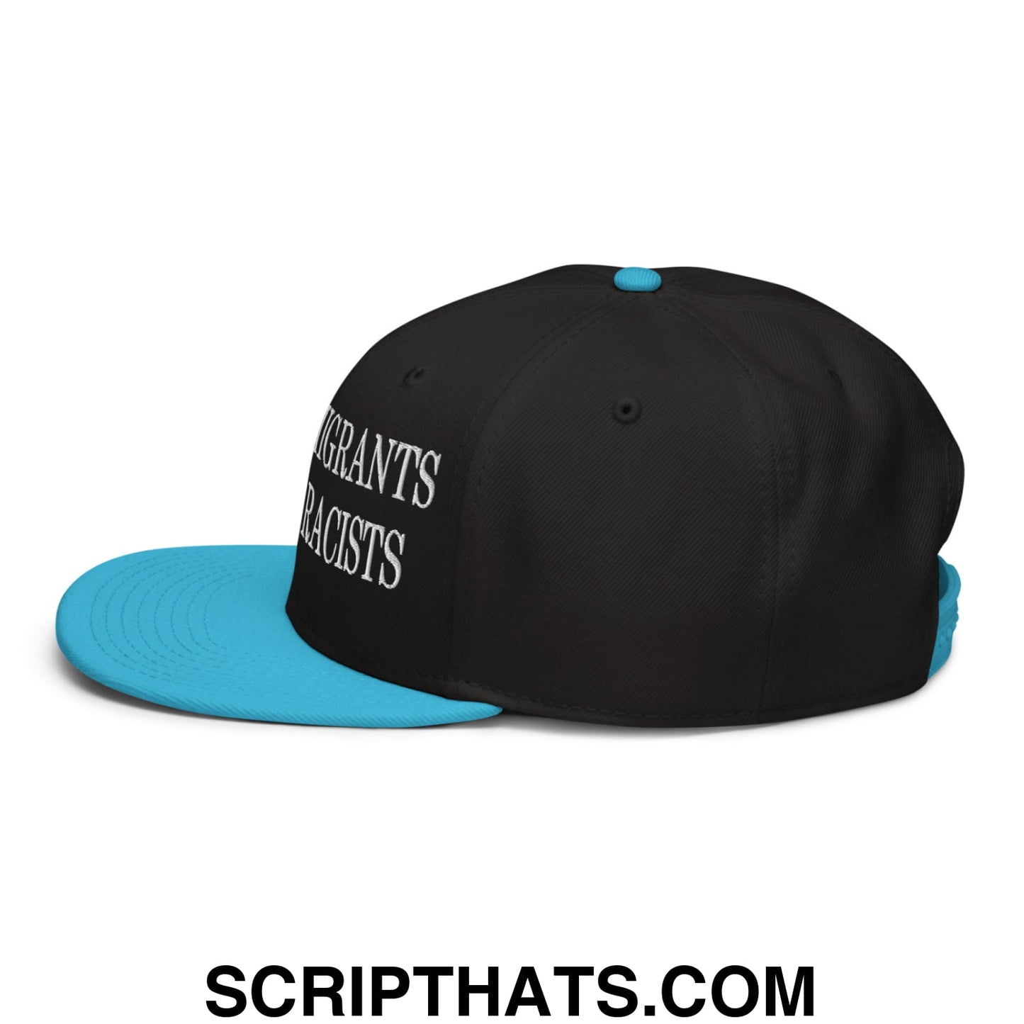 Black snapback cap with bright blue brim and white embroidered migrants not racists text flat bill hat