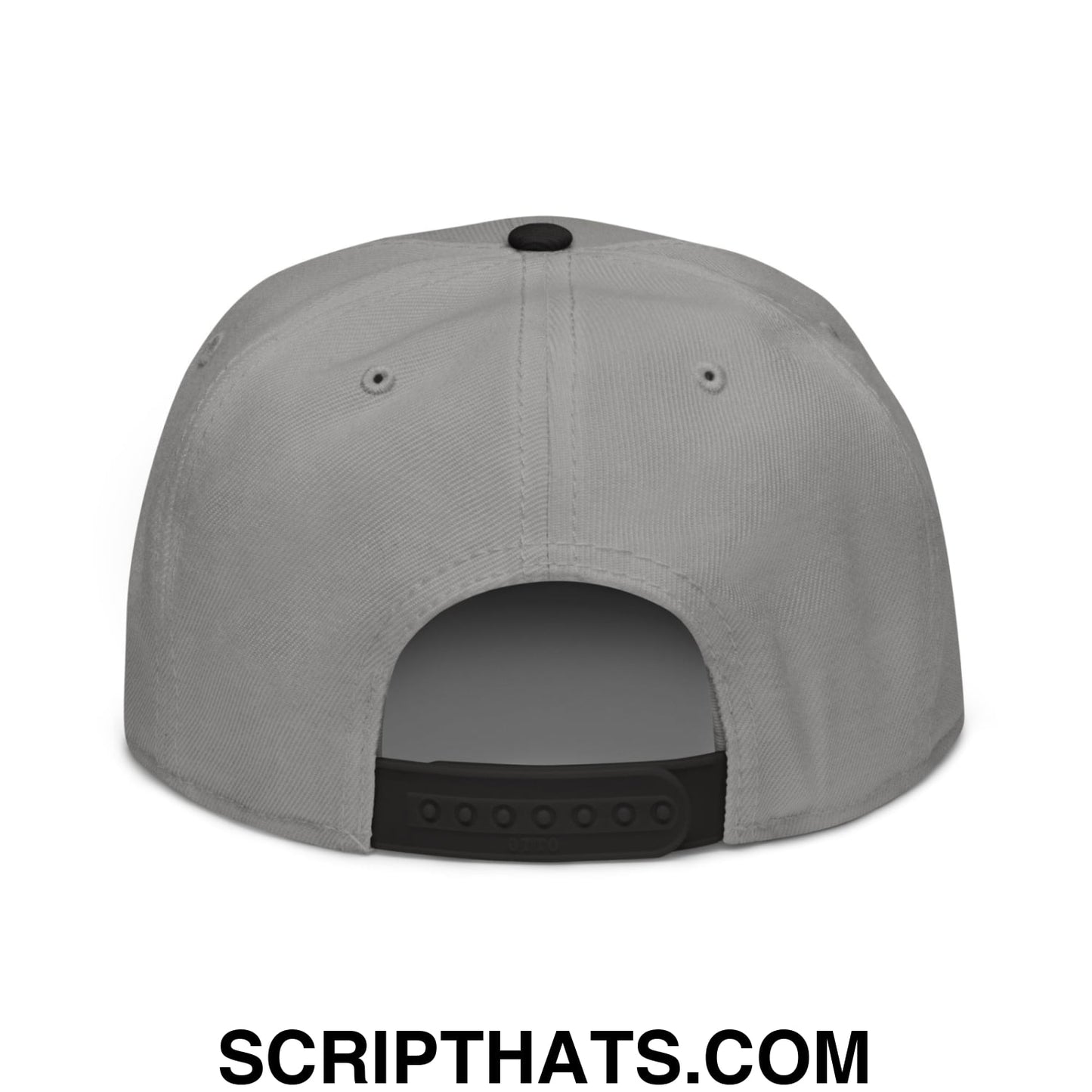 Gray snapback cap with black adjustable strap and button featuring keep immigrants deport racists embroidered flat brim bill