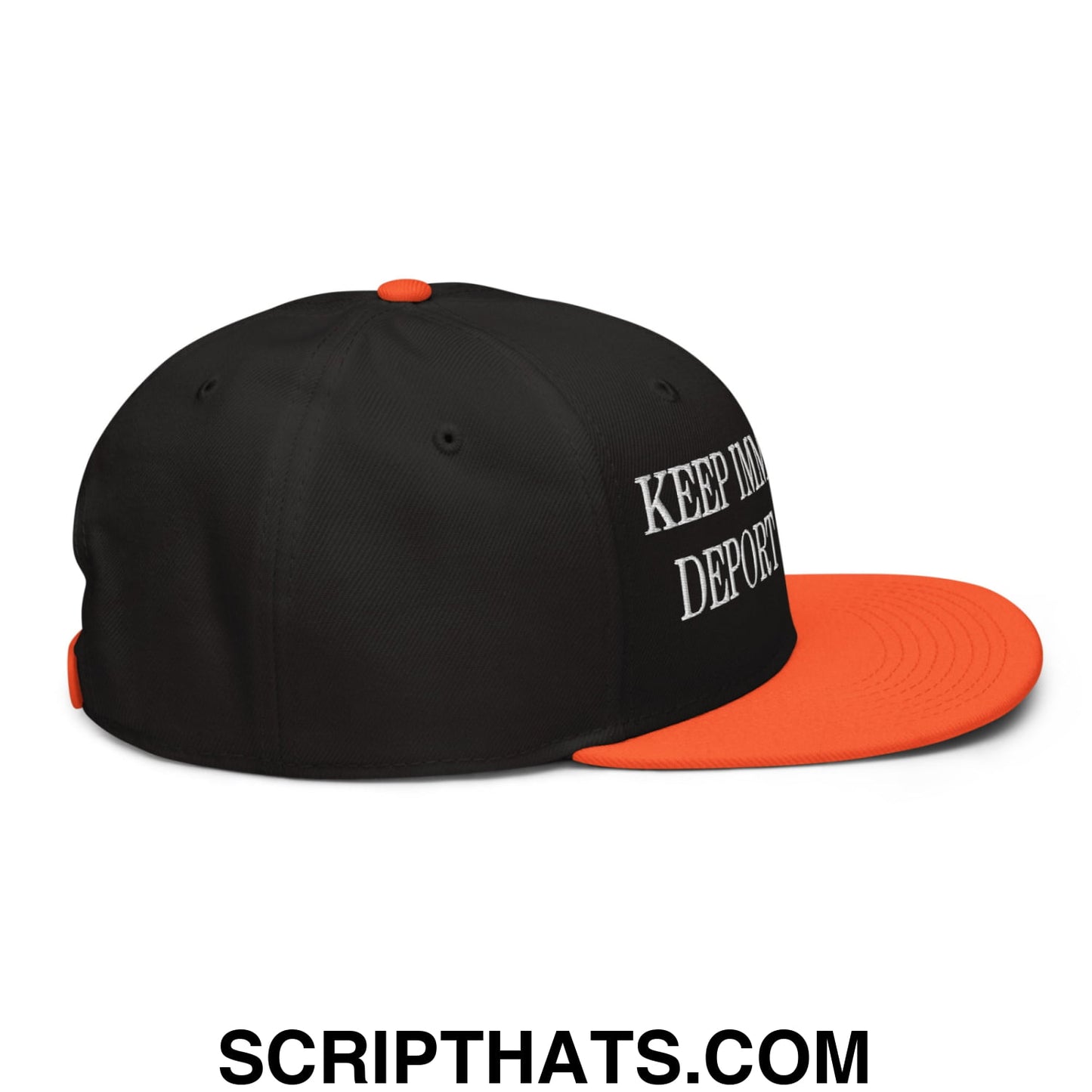 Black and orange snapback hat with white embroidered keep in deport text on the side for immigrant rights support