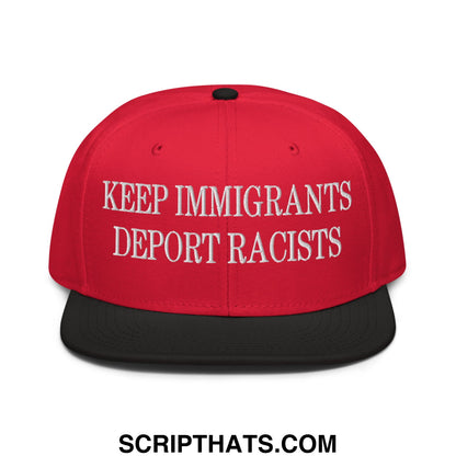 Red and black snapback cap with white embroidered keep immigrants deport racists text and flat brim bill design