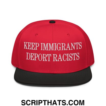 Red and black snapback cap with white embroidered keep immigrants deport racists text and flat brim bill design