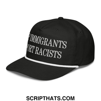 Black snapback cap with white embroidered keep immigrants deport racists text and white brim stripe