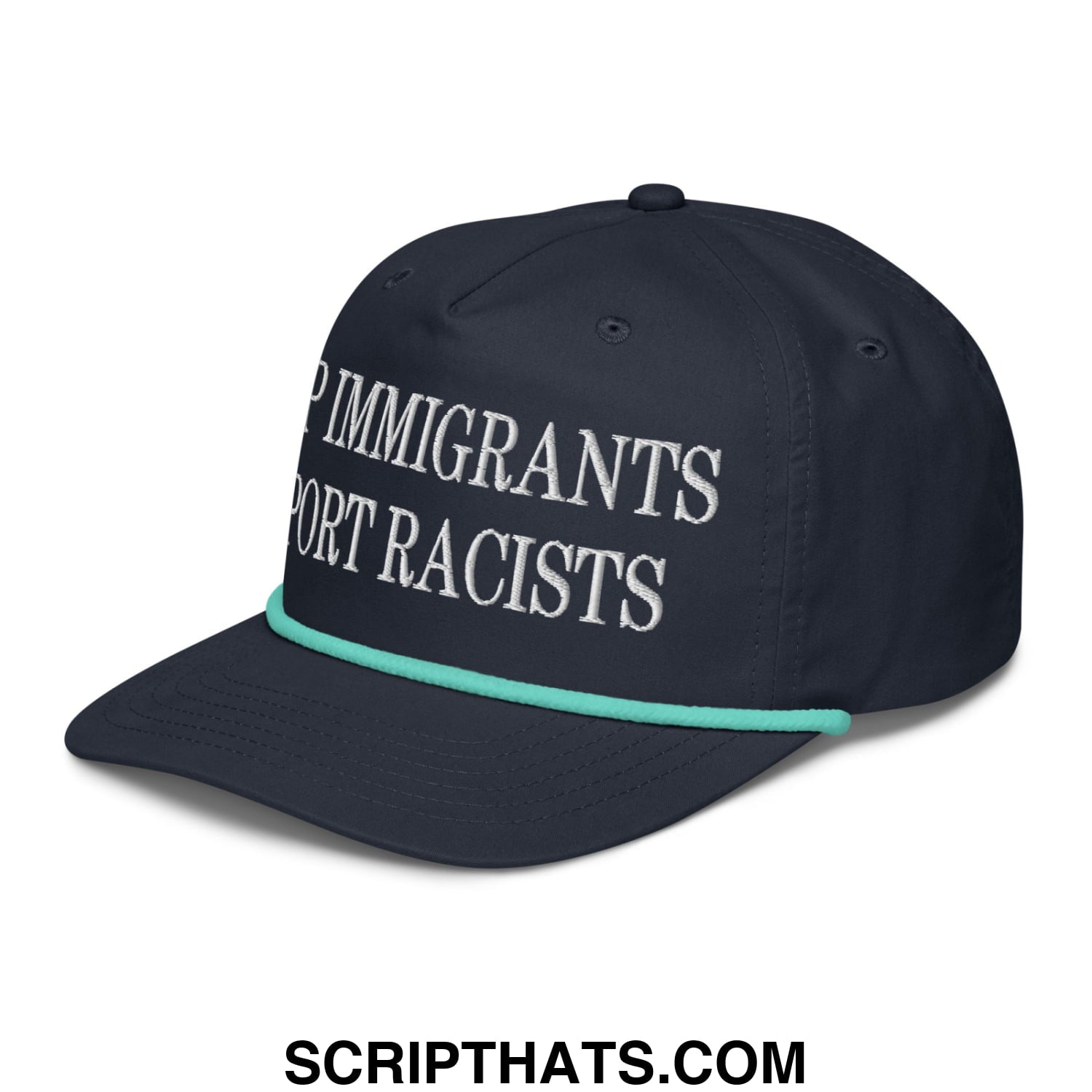 Dark navy snapback cap with white embroidered stop immigrants stop racists text and teal brim stripe for edgy style