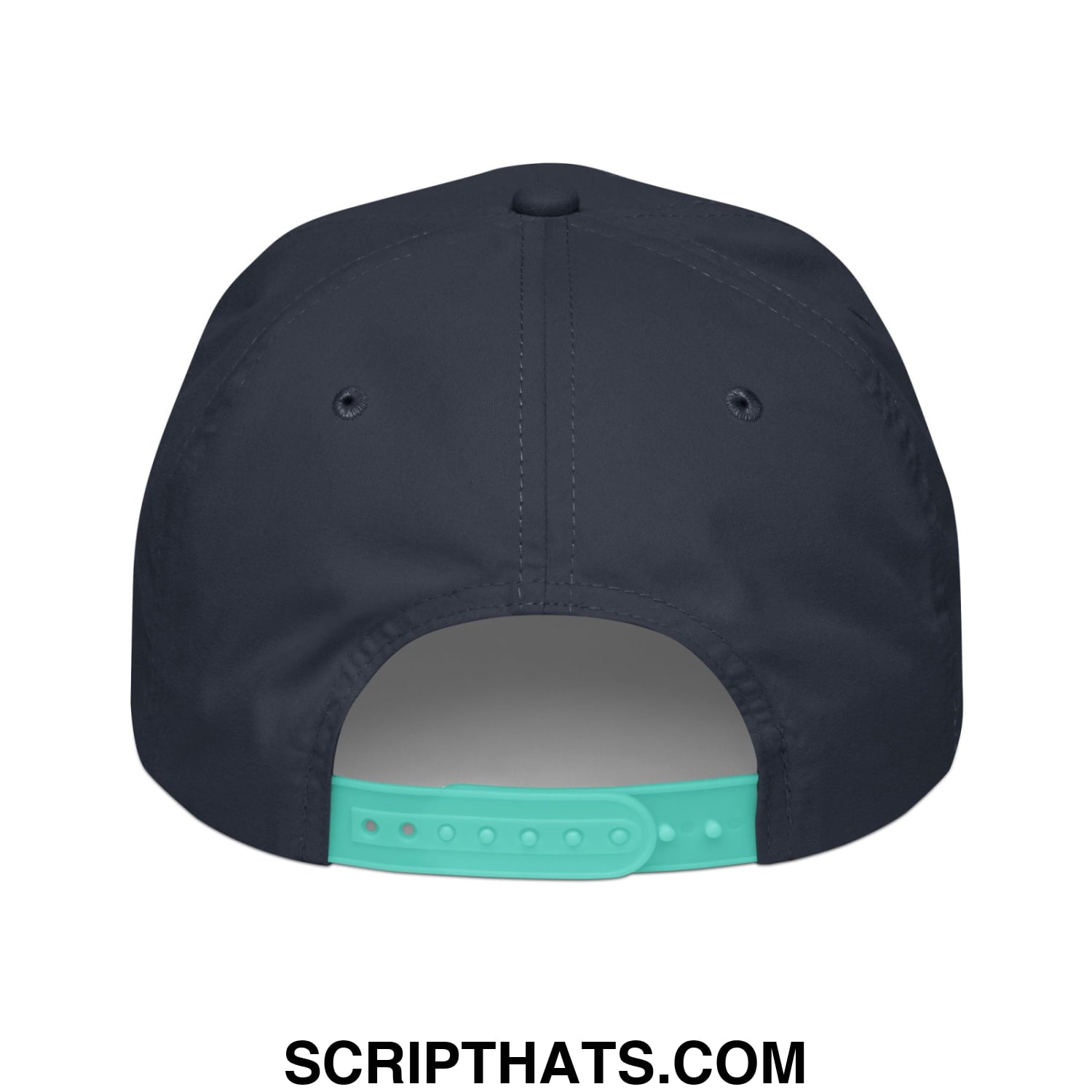Dark navy snapback cap with teal adjustable strap featuring keep immigrants deport racists embroidered rope design back view