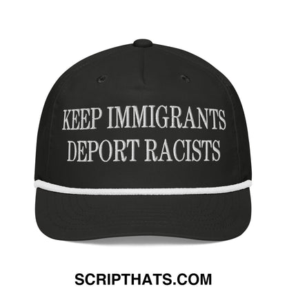 Black baseball cap with white embroidered keep immigrants deport racists text and white stripe along the brim