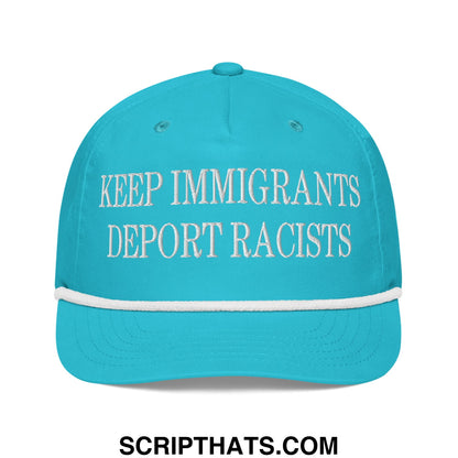 A bright turquoise keep immigrants deport racists embroidered rope baseball cap with white text and matching brim stripe