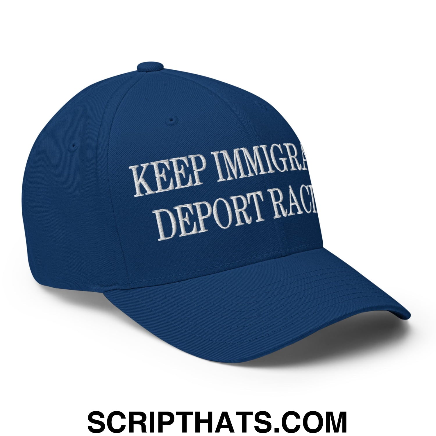 Navy blue stretch fit baseball hat with white embroidered text keep immigrant deport racist on the front panel
