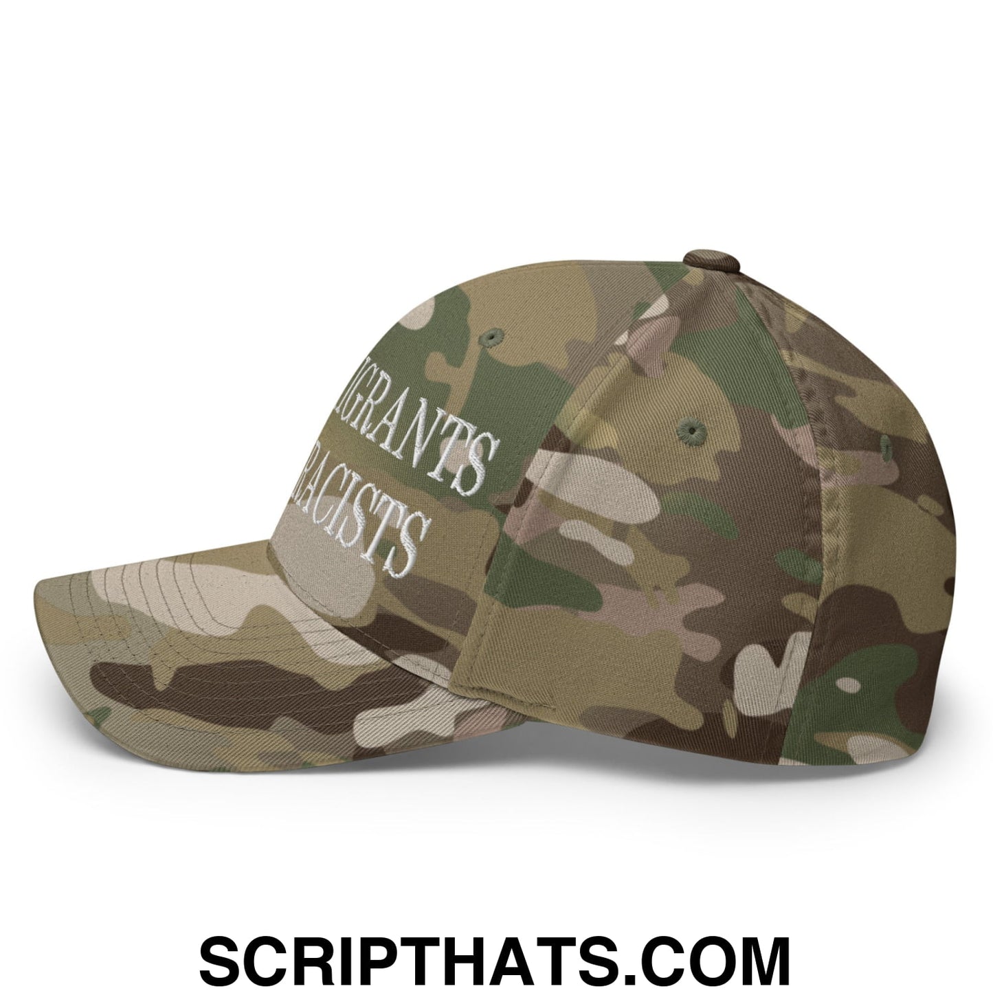 Camouflage stretch fit baseball hat with white embroidered text keep immigrants deport racists on the front