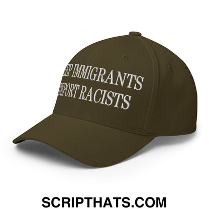 Olive green stretch fit baseball hat with white embroidered text keep immigrants deport racists on front panel