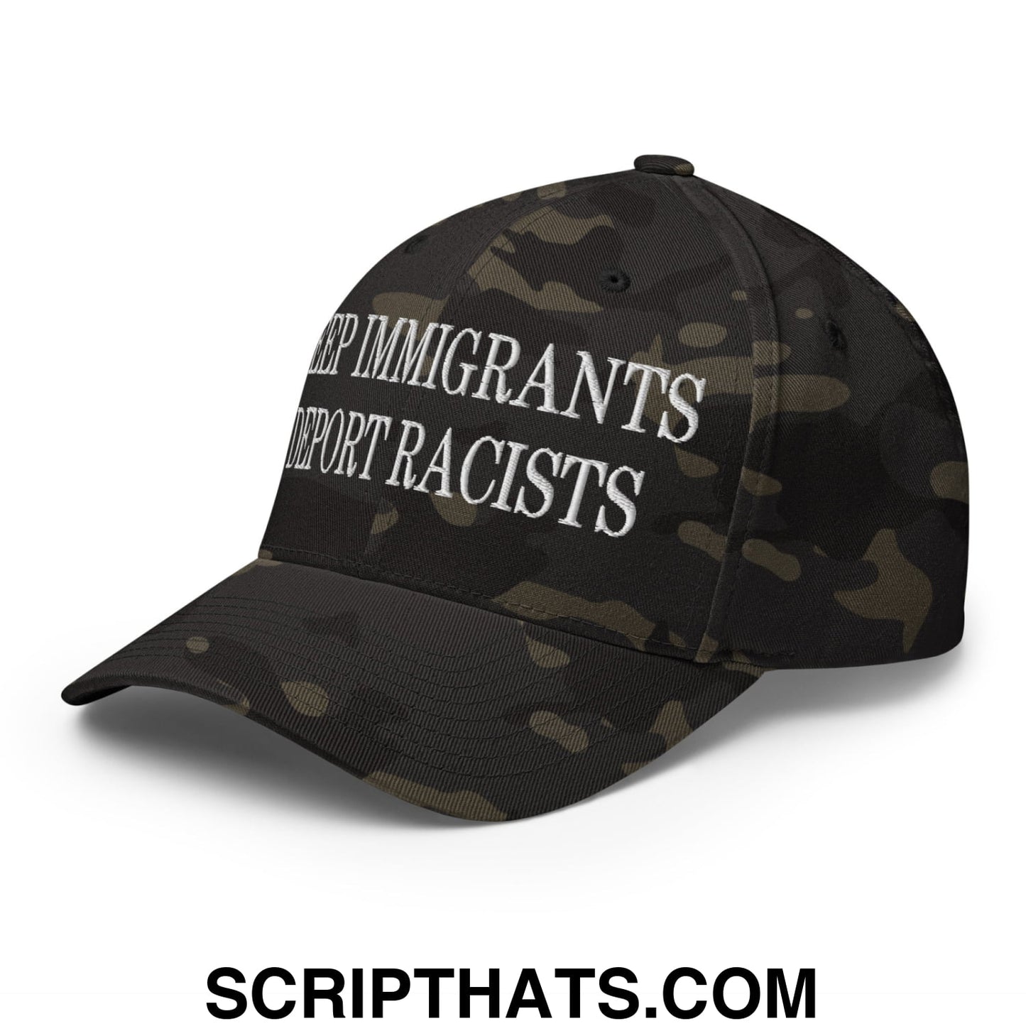 Black camouflage stretch fit baseball cap with white embroidered text keep immigrants deport racists on front