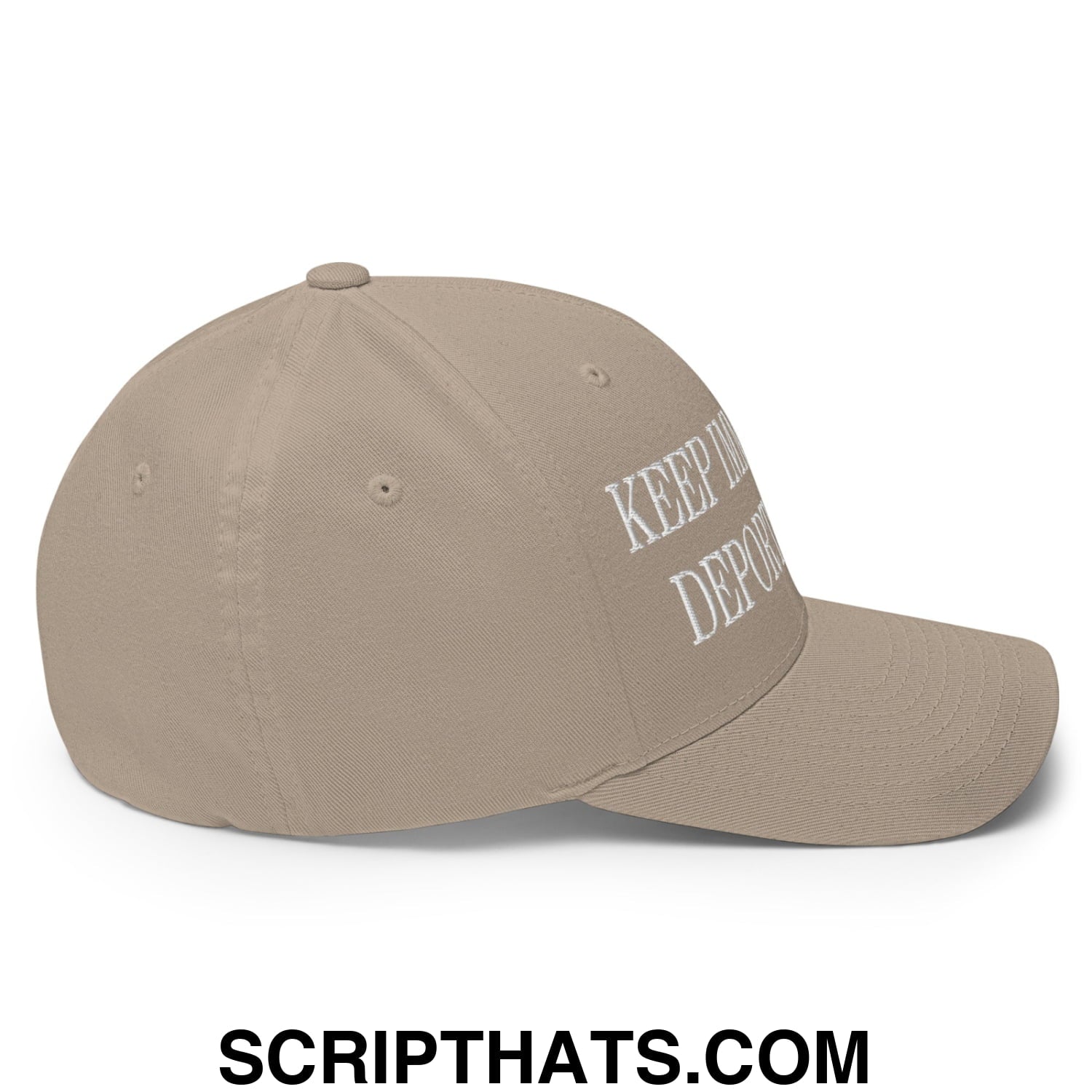 Beige stretch fit baseball hat with white embroidered text keep the depot on the side for keep immigrants deport racists line