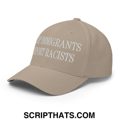 Beige stretch fit baseball hat with white embroidered keep immigrants deport racists text on front panel