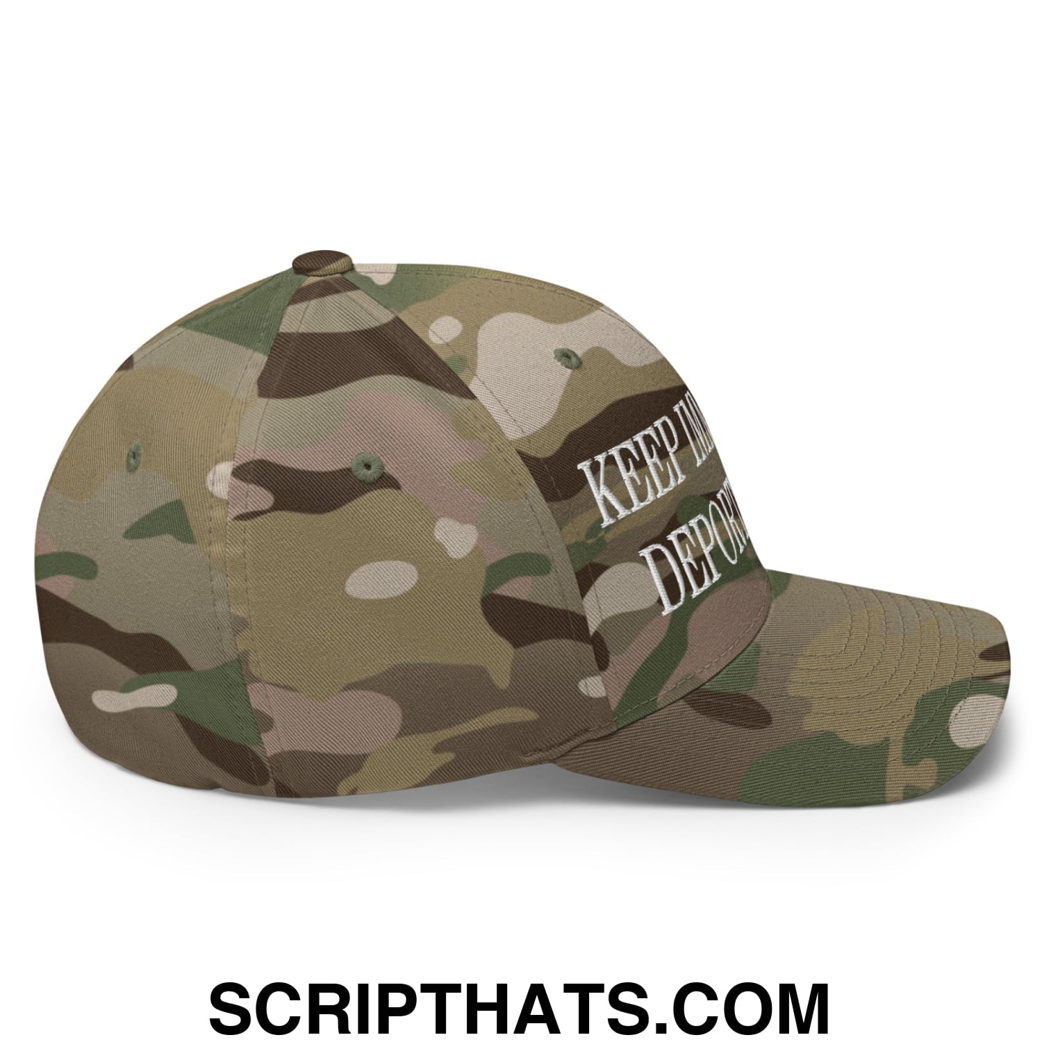 A camouflage stretch fit baseball hat with white embroidered keep immigrants deport racists text on the front