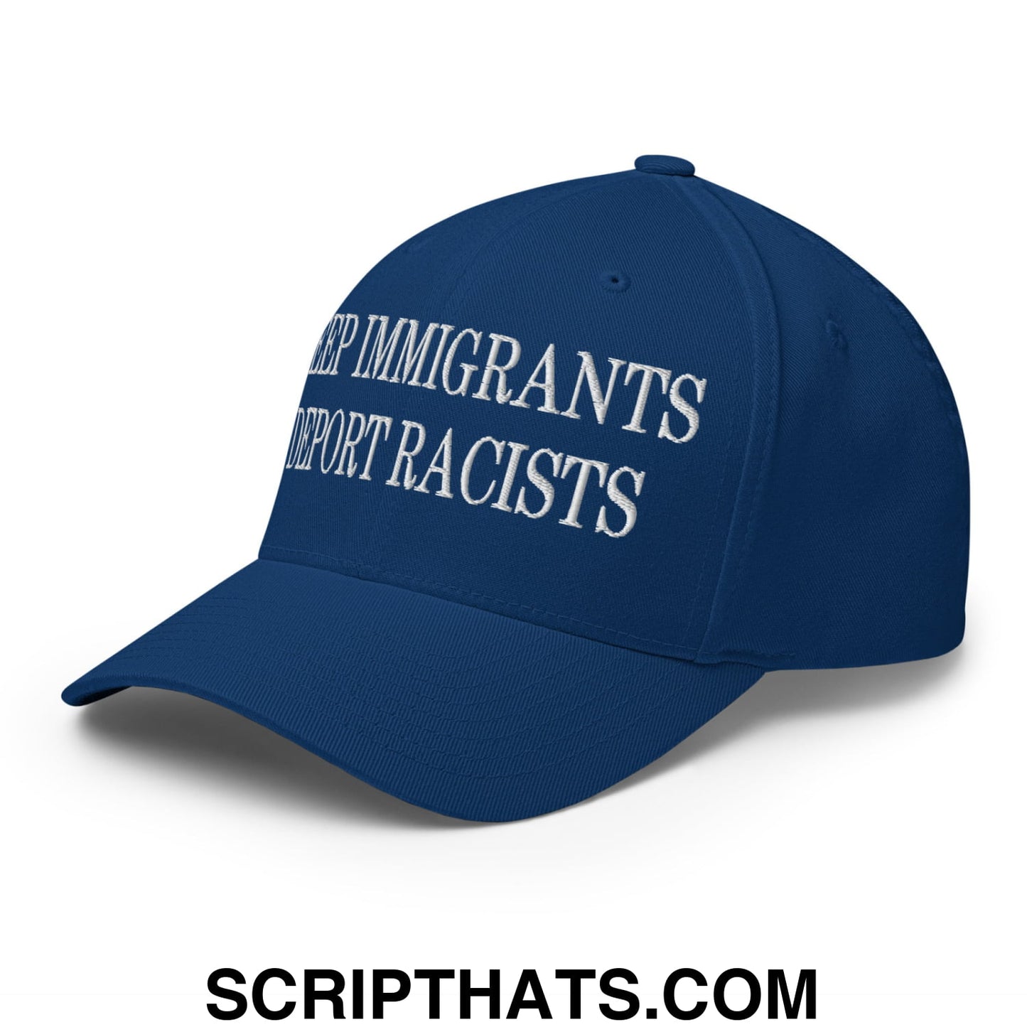 A navy blue stretch fit baseball hat with white embroidered text keep immigrants deport racists for casual wear