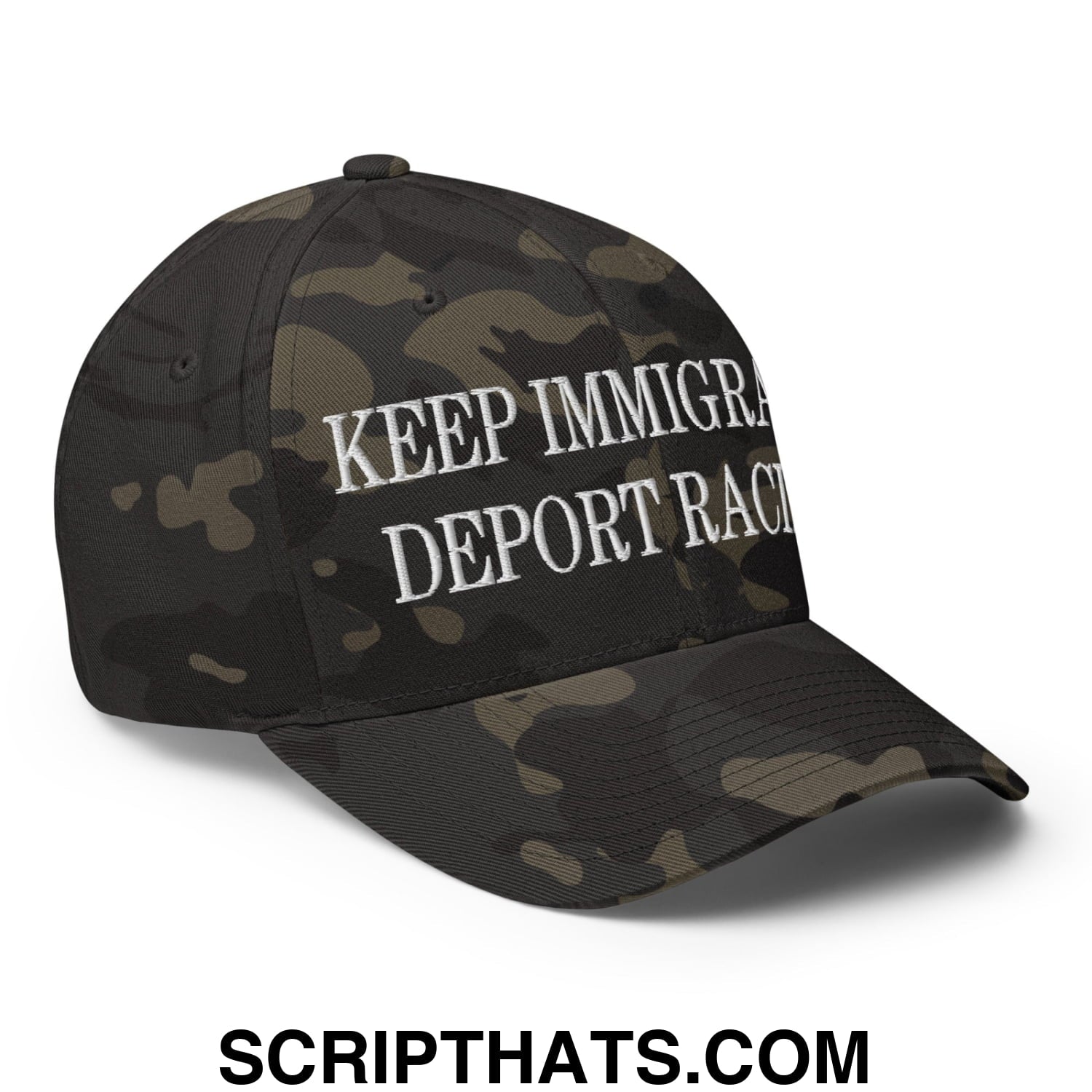 Black and olive camouflage stretch fit baseball hat with white embroidered keep immigrant deport racist text