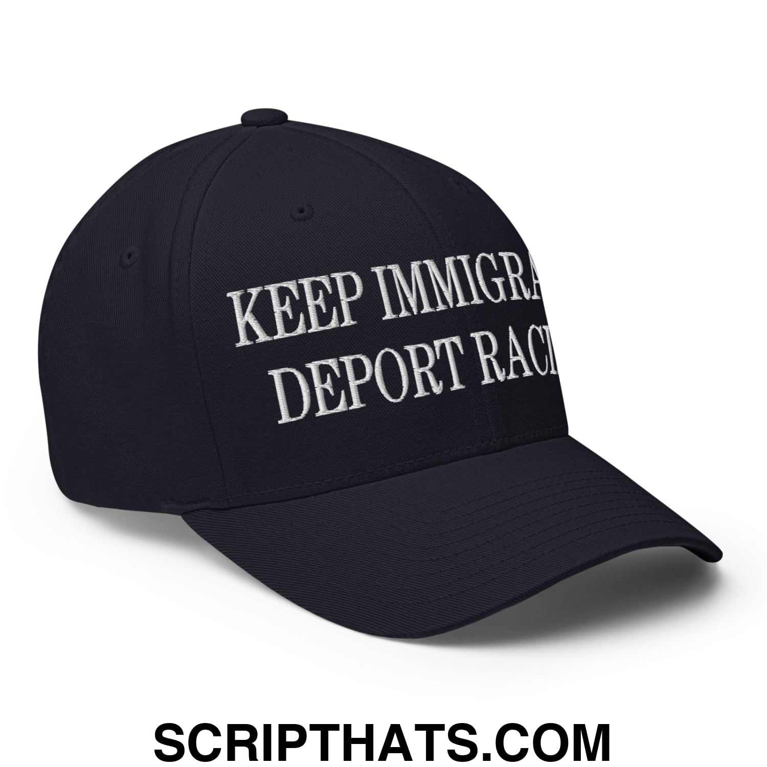 Black stretch fit baseball hat with white embroidered text keep immigrant deport racist for everyday wear