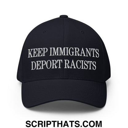 Black stretch fit baseball hat with white embroidered keep immigrants deport racists text on front