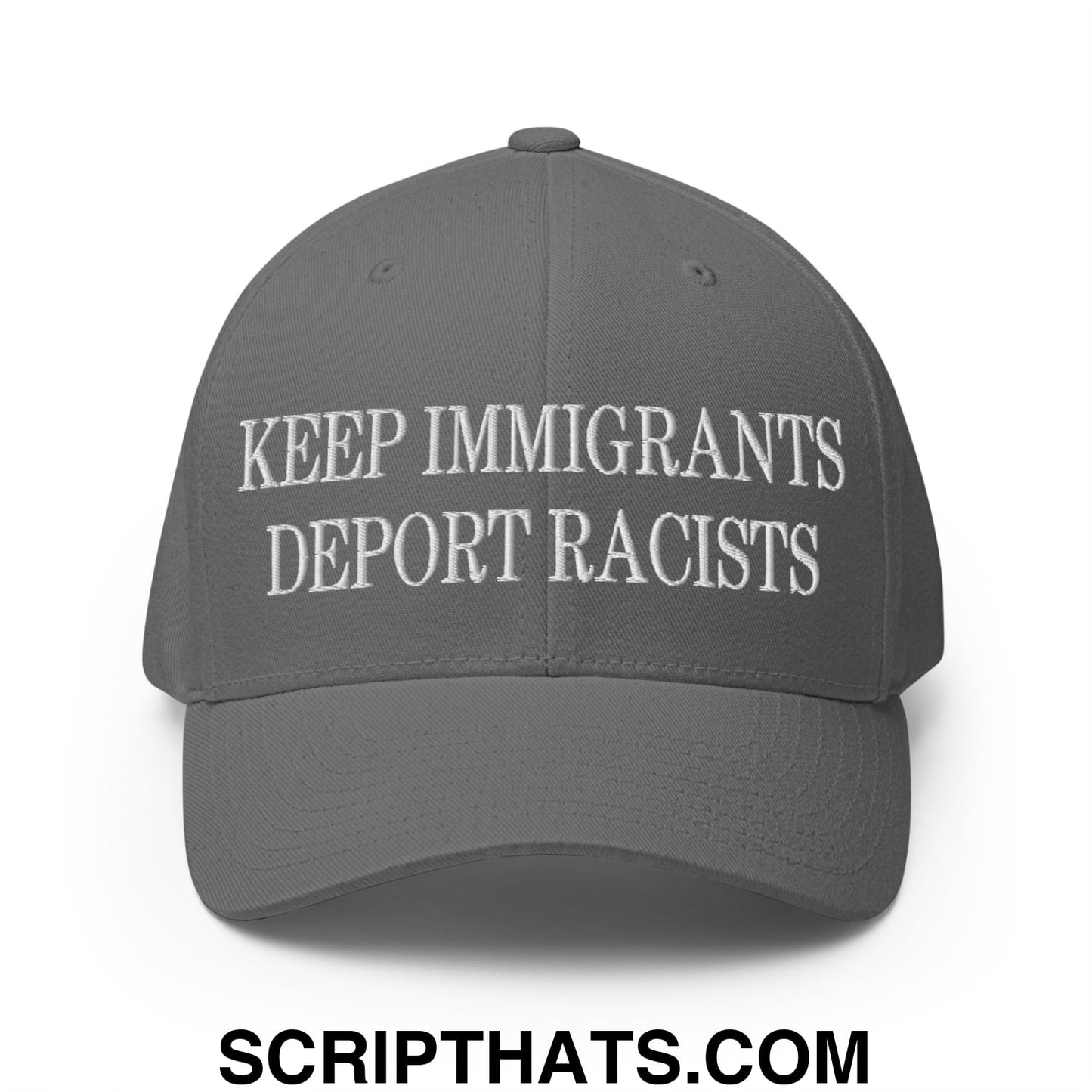 Gray embroidered stretch fit baseball hat with white keep immigrants deport racists text for casual wear
