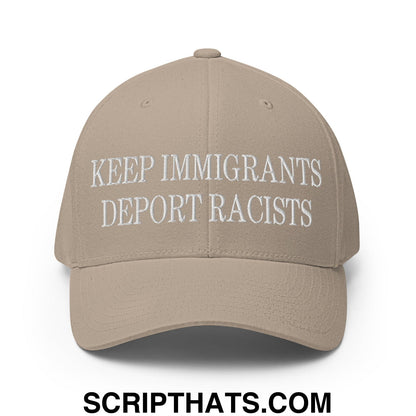 Beige stretch fit baseball cap with white embroidered text reading keep immigrants deport racists