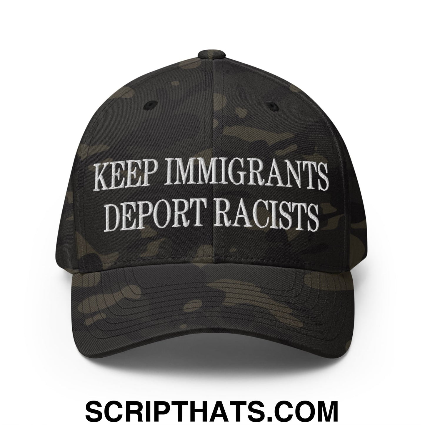 Black camouflage stretch fit baseball cap with white embroidered text keep immigrants deport racists