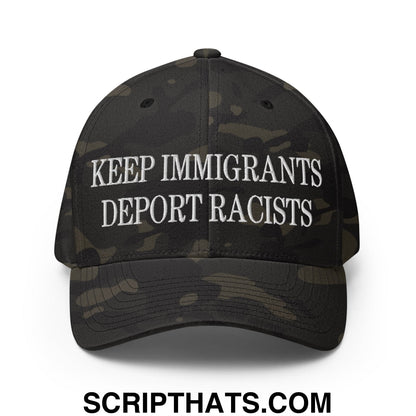 Black camouflage stretch fit baseball cap with white embroidered text keep immigrants deport racists