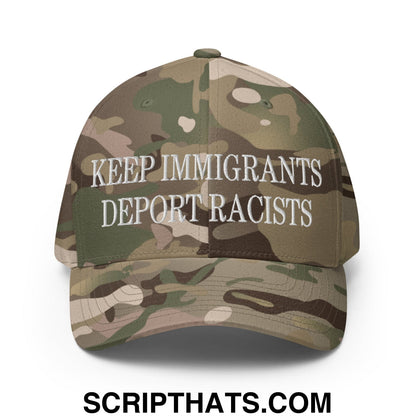 Camouflage stretch fit baseball hat with white embroidered text keep immigrants deport racists on front