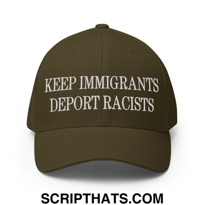 Olive green stretch fit baseball hat with white embroidered text keep immigrants deport racists on front