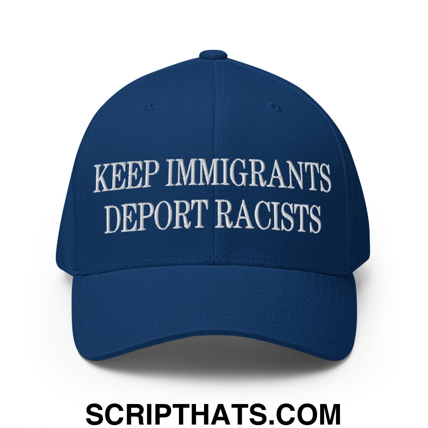 A navy blue stretch fit baseball hat with white embroidered text keep immigrants deport racists