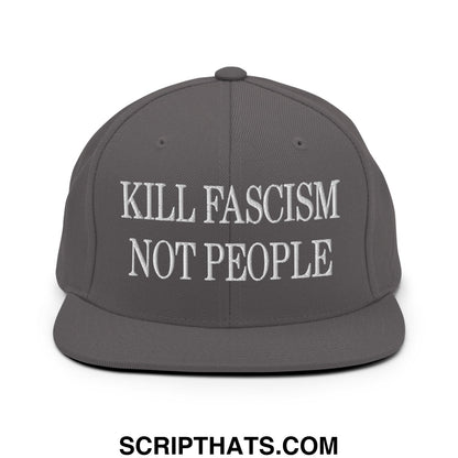 Gray snapback hat with white embroidered kill fascism not people text and flat bill brim for casual wear