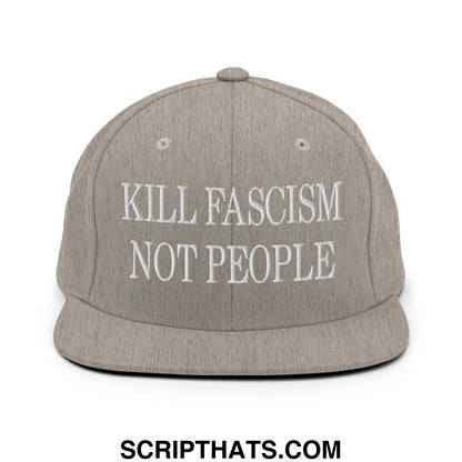 Gray snapback hat with white embroidered kill fascism not people text and flat bill brim for casual wear