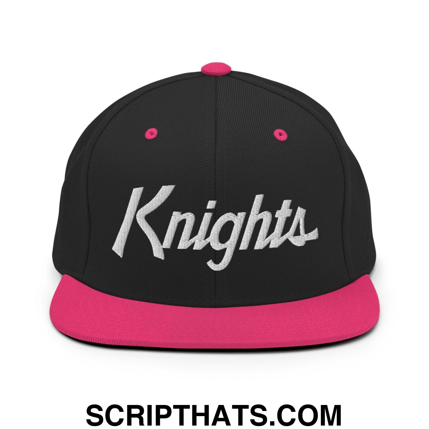 Knights School Mascot Script Snapback Hat Black Neon Pink