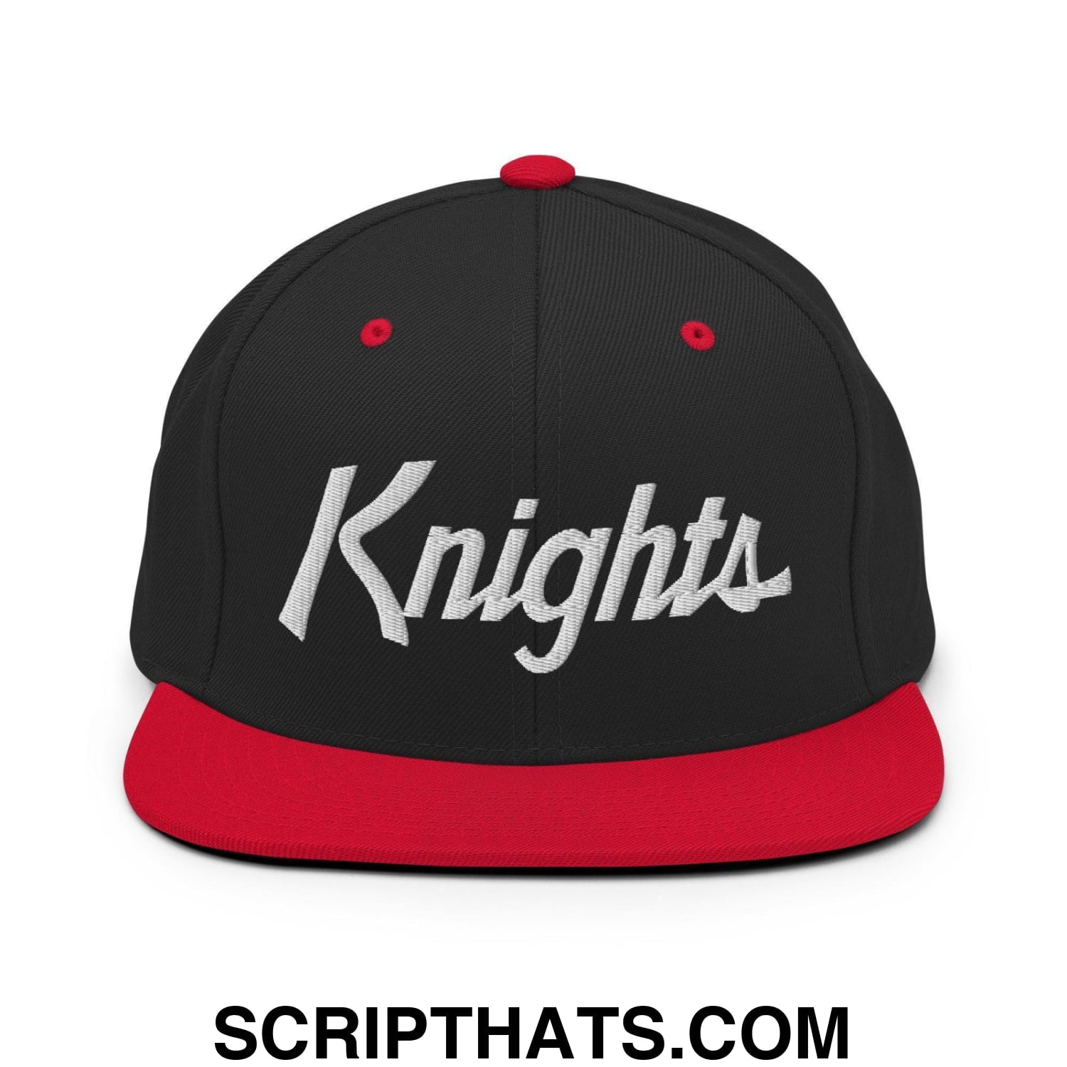 Knights School Mascot Script Snapback Hat Black Red