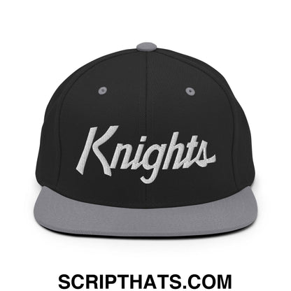 Knights School Mascot Script Snapback Hat Black Silver