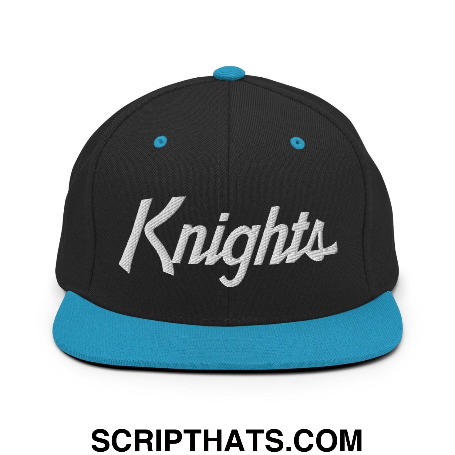 Knights School Mascot Script Snapback Hat Black Teal