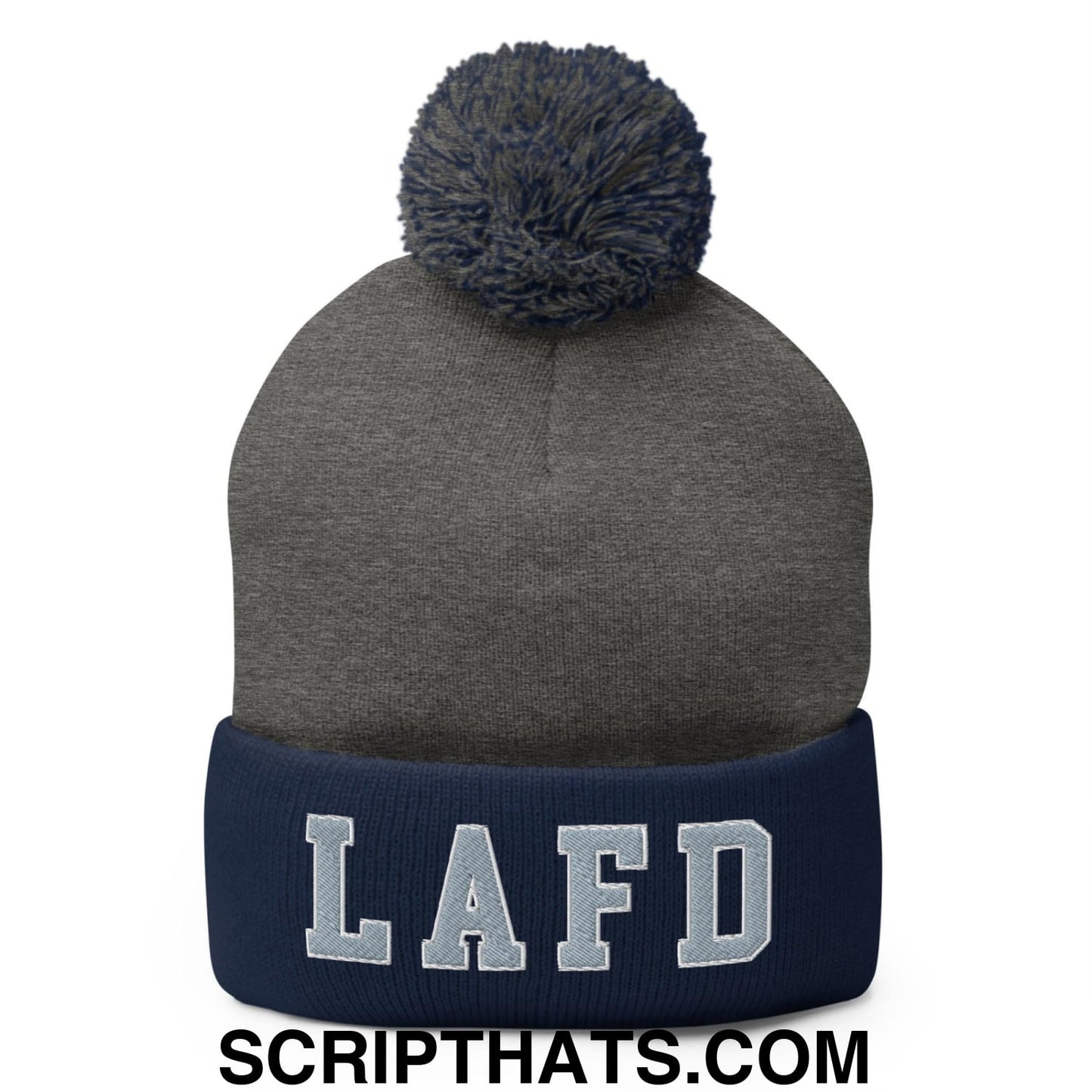 LAFD Los Angeles Fire Department Embroidered Knit Pom Pom Beanie Dark Heather Grey Navy