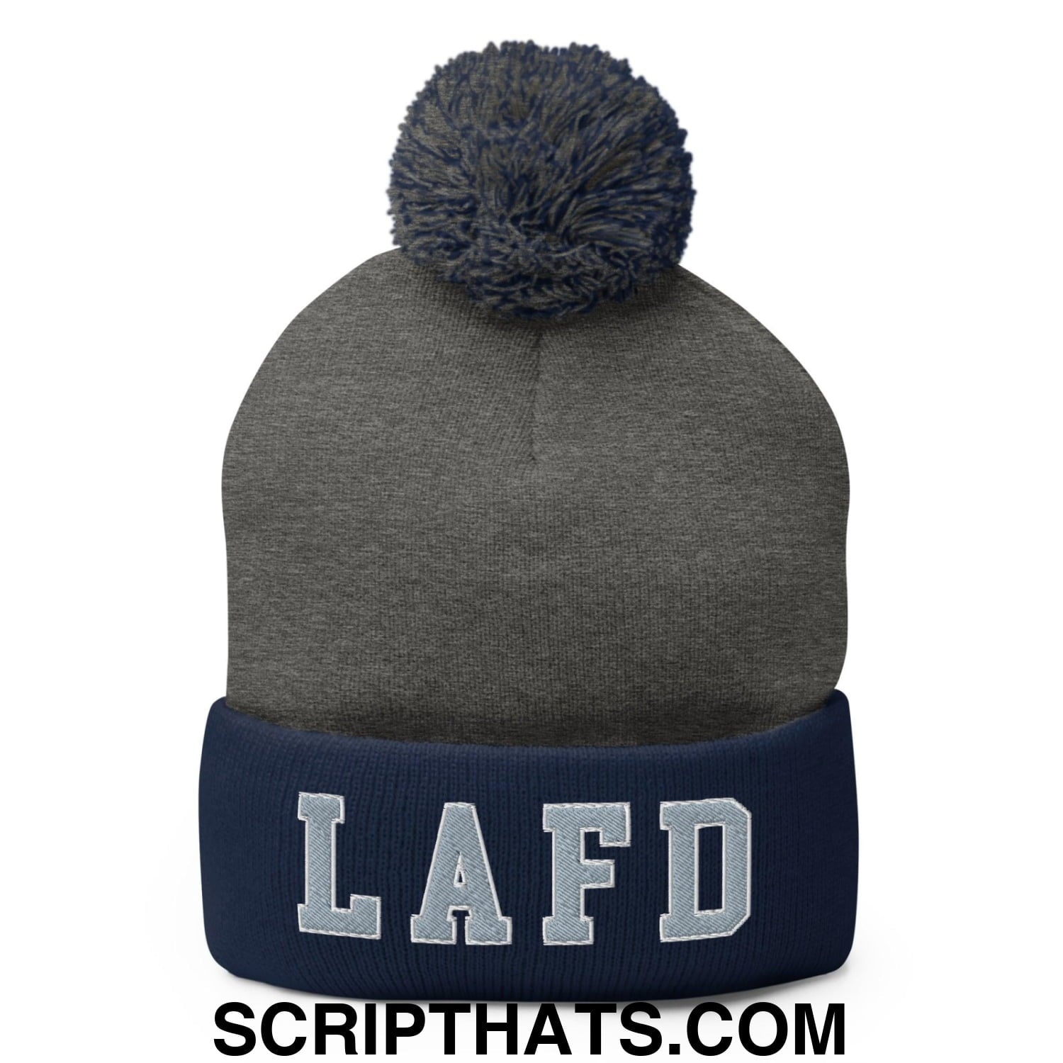 LAFD Los Angeles Fire Department Embroidered Knit Pom Pom Beanie Dark Heather Grey Navy