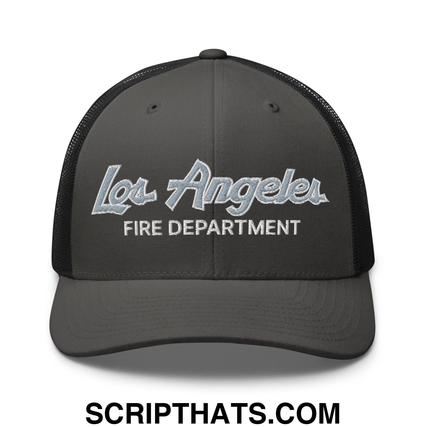 LAFD Los Angeles Fire Department Vintage Sports Script Embroidered Mesh Trucker Hat Charcoal Black