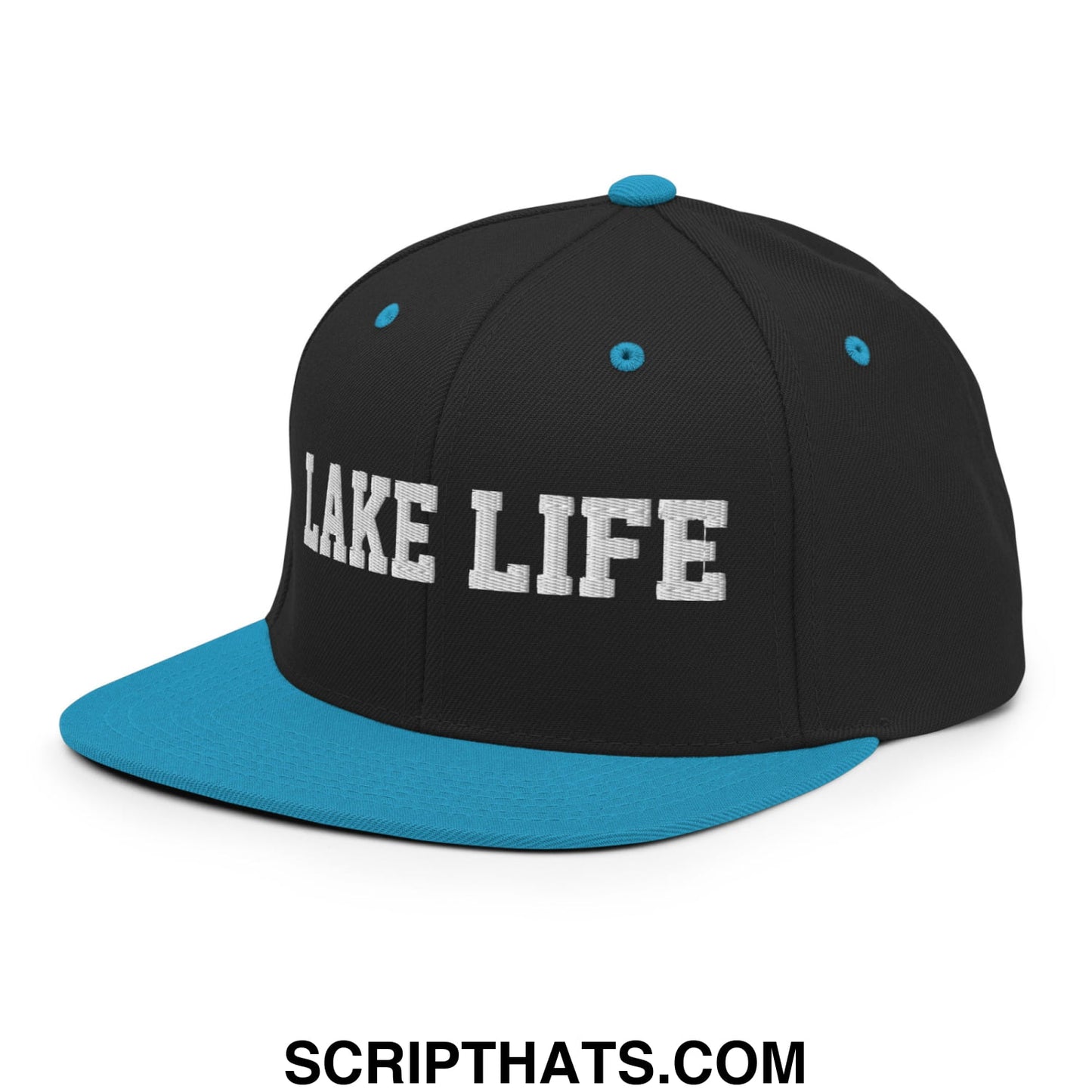 Lake Life Embroidered Flat Bill Brim Snapback Hat Black Teal