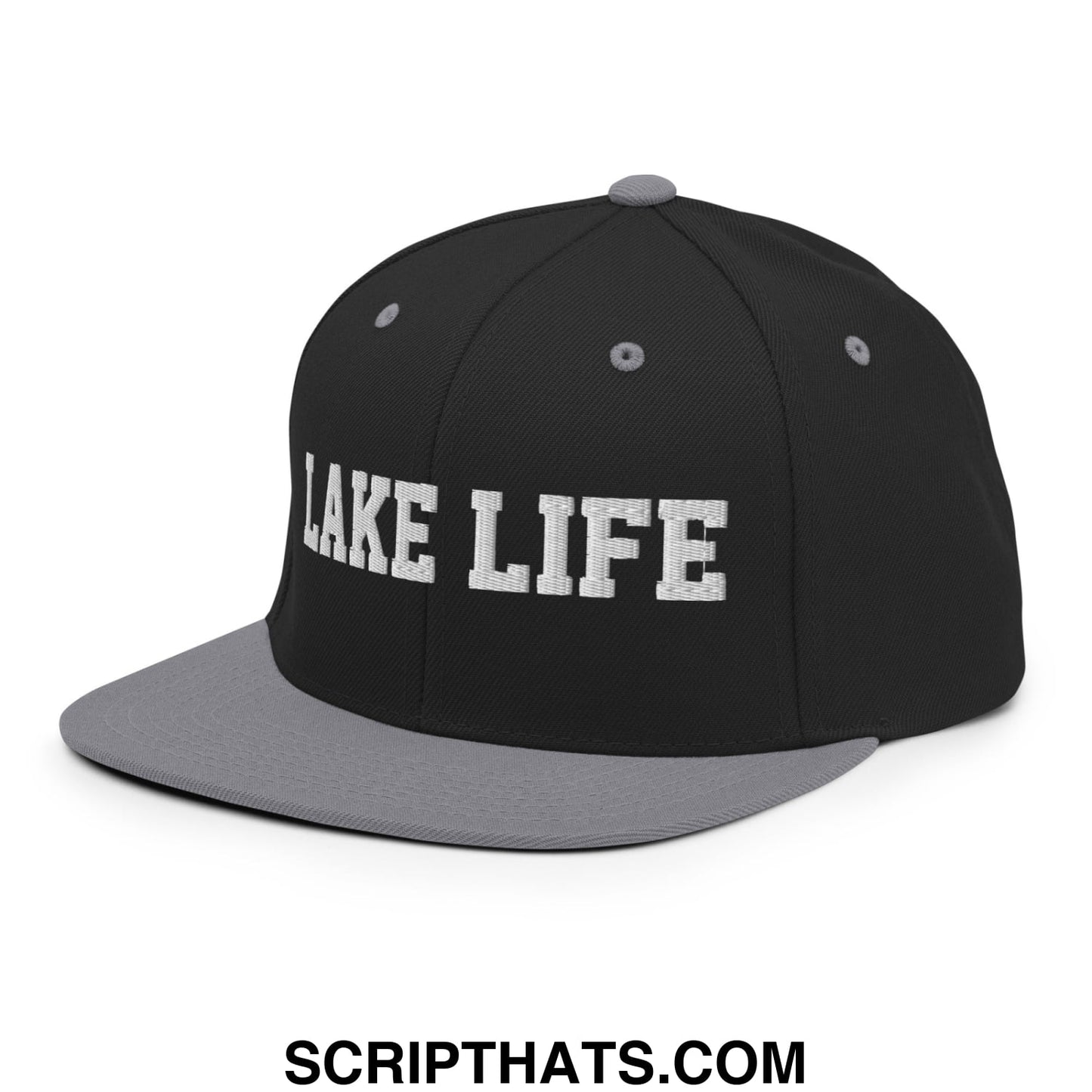 Lake Life Embroidered Flat Bill Brim Snapback Hat Black Silver